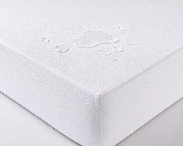 Waterdruppels op een witte molton matrasbeschermer om de hoek van een matras