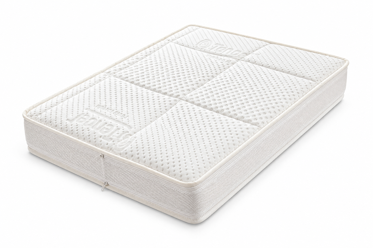 Wit matras met een gestikte hoes en een rits langs de zijkant, schuin van boven