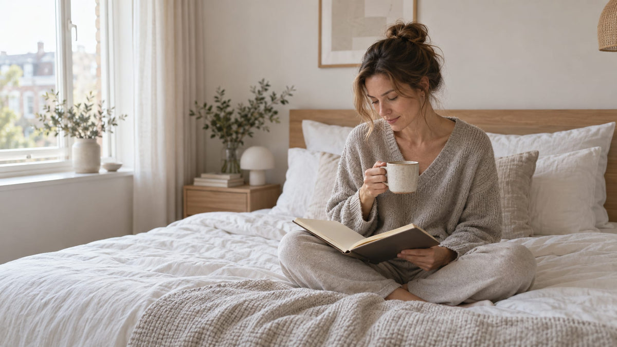 Vrouw leest met een kop thee op bed