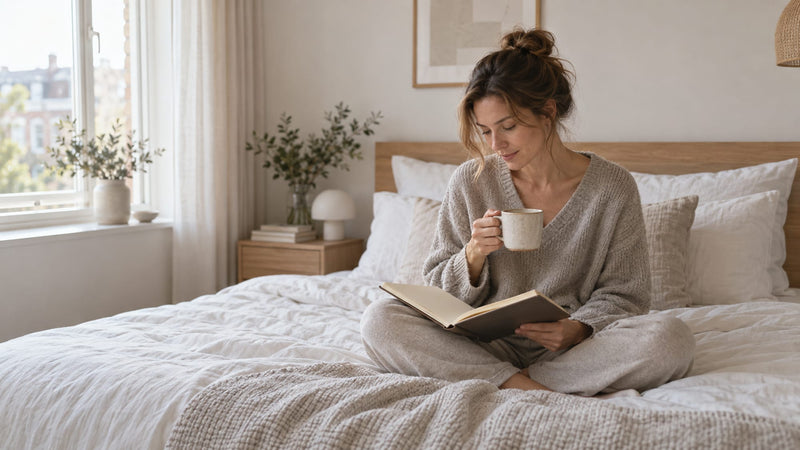 Vrouw leest met een kop thee op bed