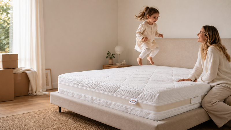 Kind springt op een matras terwijl moeder toekijkt