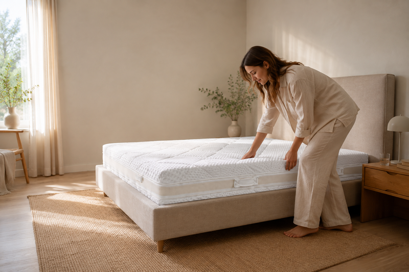 Vrouw legt een nieuw matras recht op een bed in een lichte slaapkamer