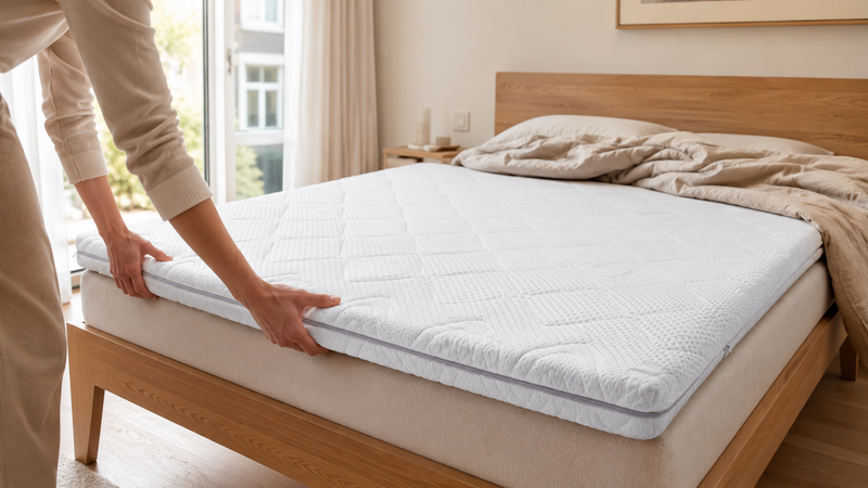 Een topdekmatras wordt op het bed gelegd