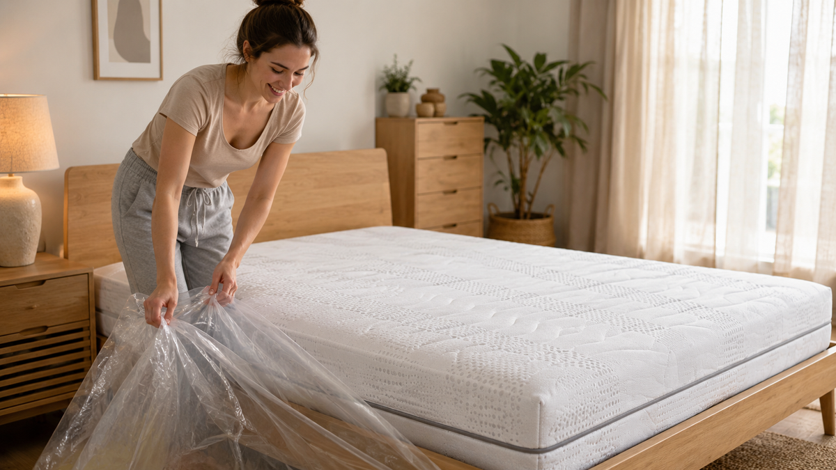 Een opgerold matras wordt in de slaapkamer uitgepakt
