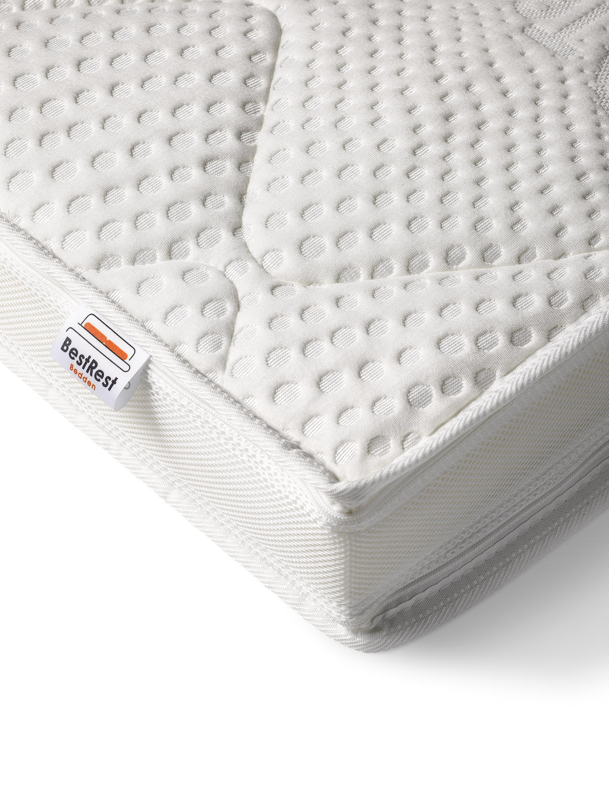 Hoek van een split topdekmatras Tencel 3D met 3D ventilatieborder en BestRest-label