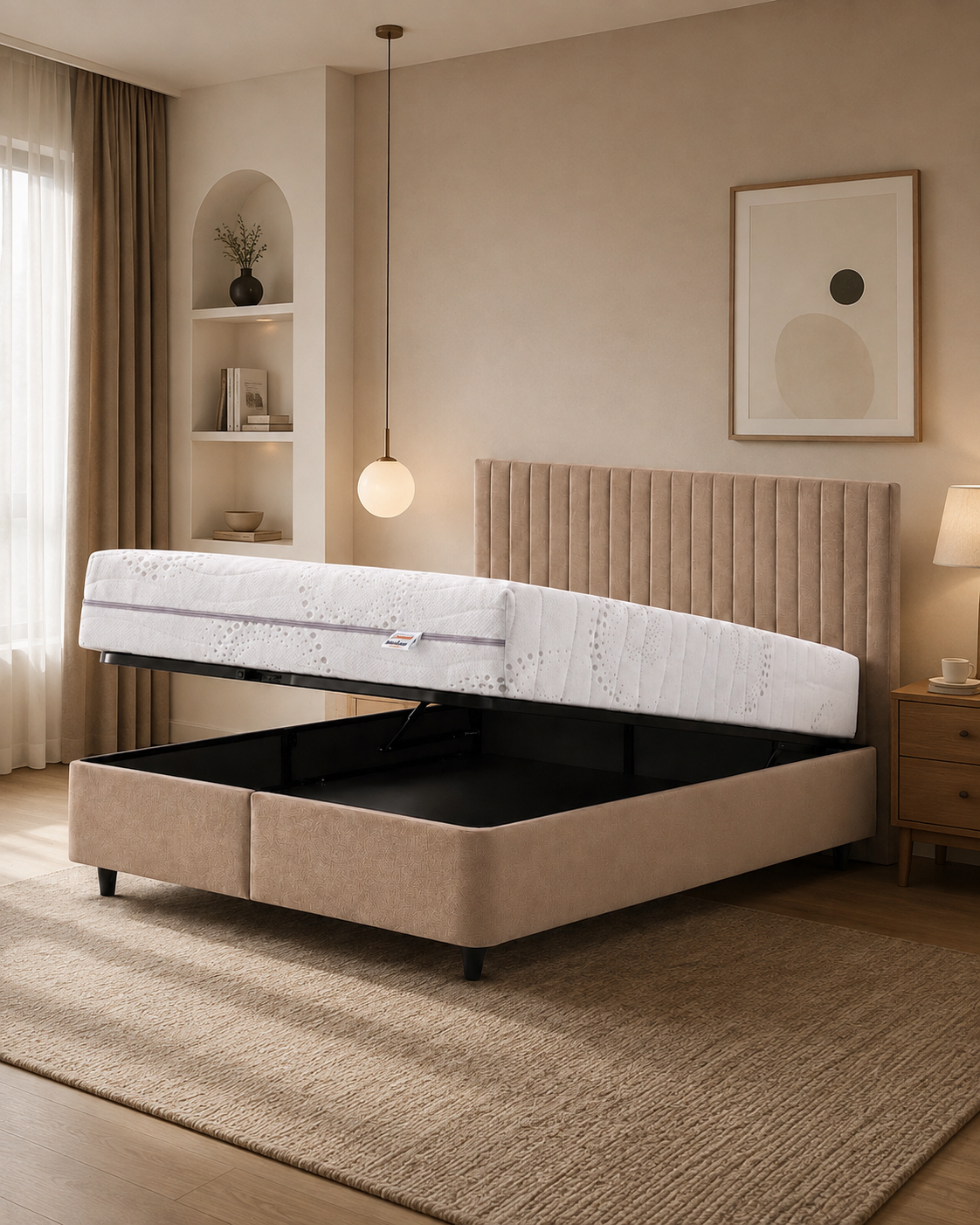 Boxspring Élégance met geopende opbergruimte onder het matras
