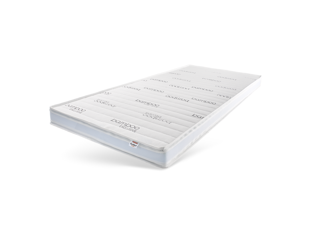 Bamboo 3D Exclusive topdekmatras met bamboo-opdruk, schuin van boven