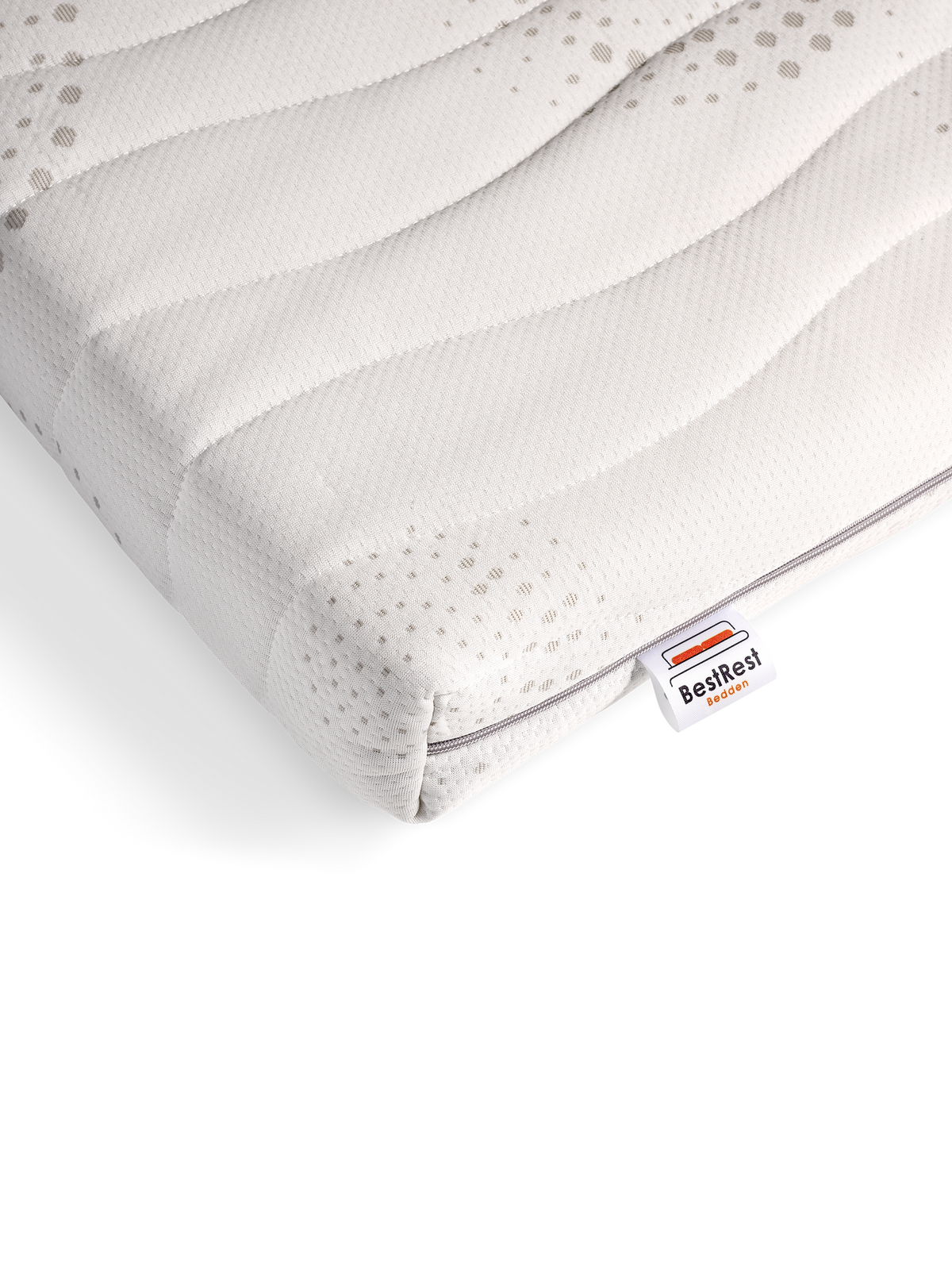 Hoek van een Cooltouch topdekmatras met stippenpatroon en BestRest-label