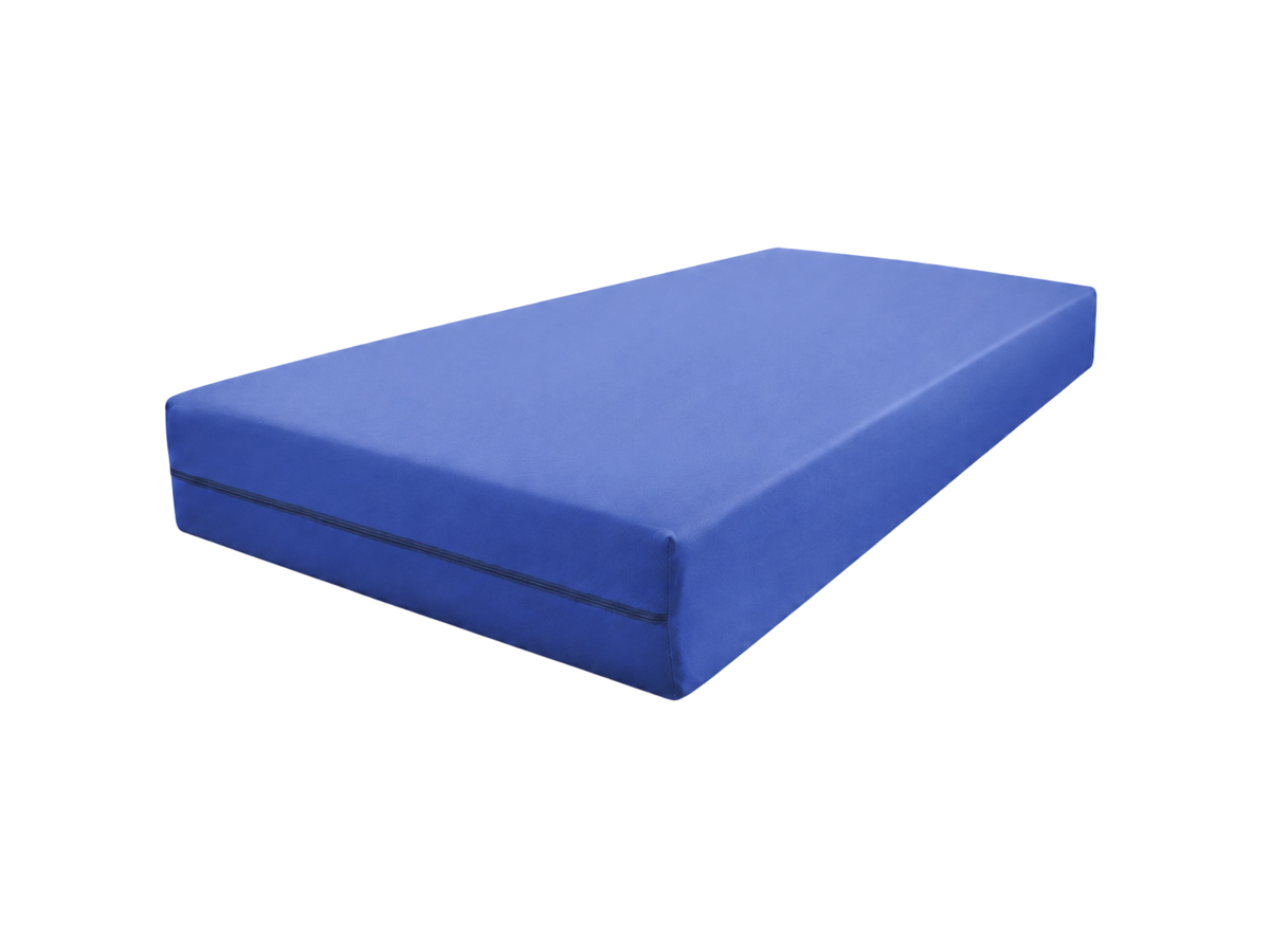 Incontinentie zorgmatras met blauwe hoes, schuin van boven