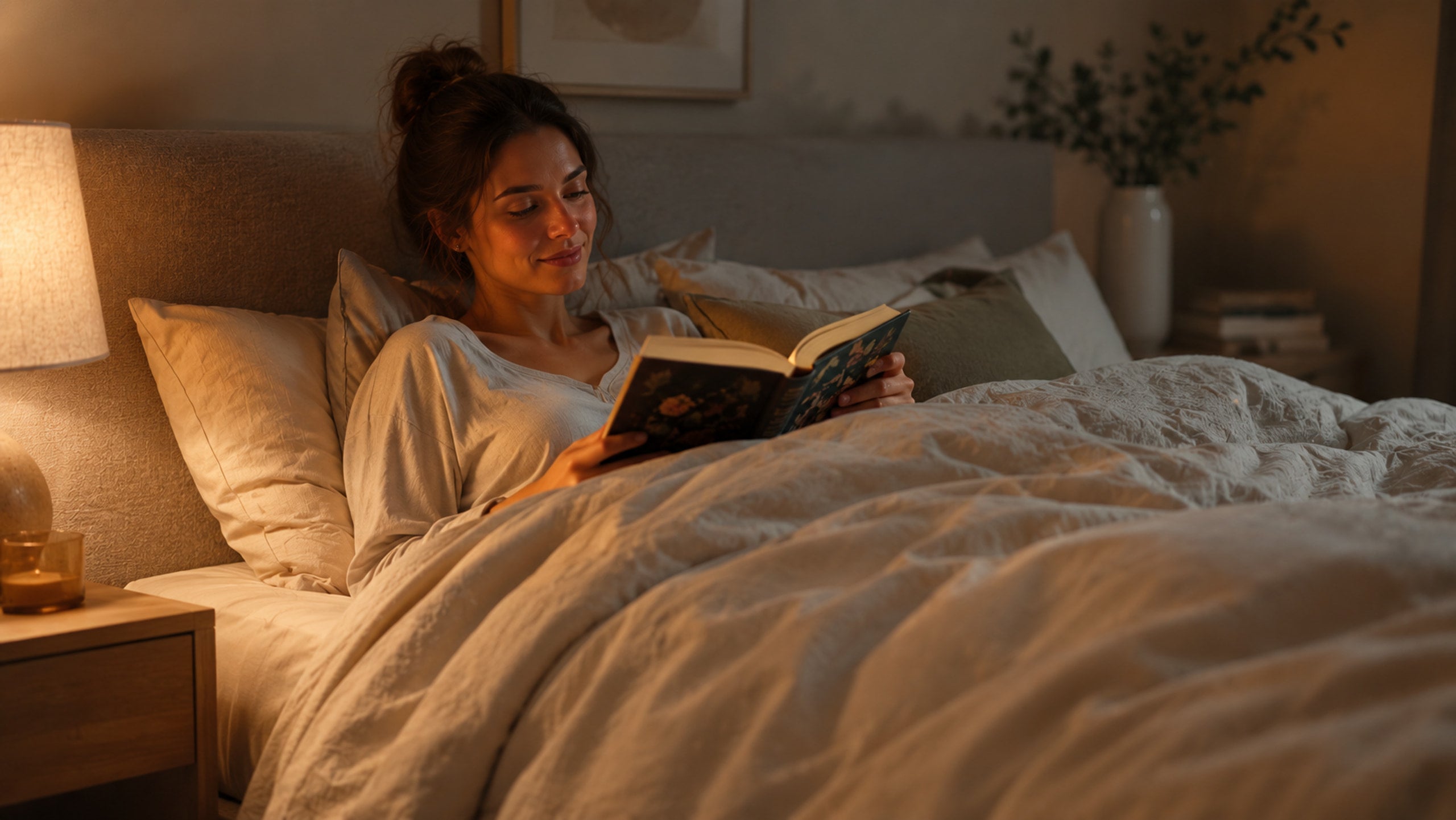 Vrouw leest in bed bij lamplicht