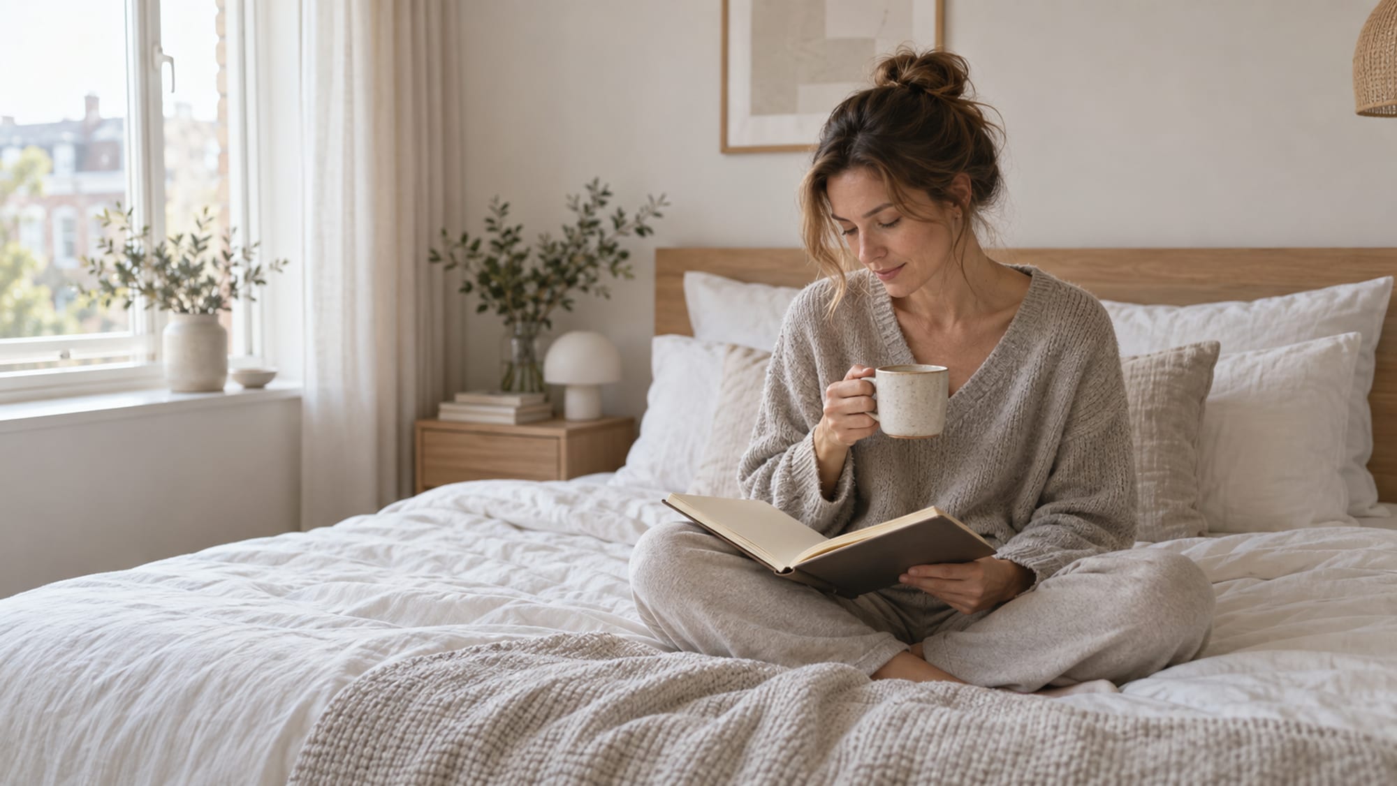 Vrouw leest met een kop thee op bed